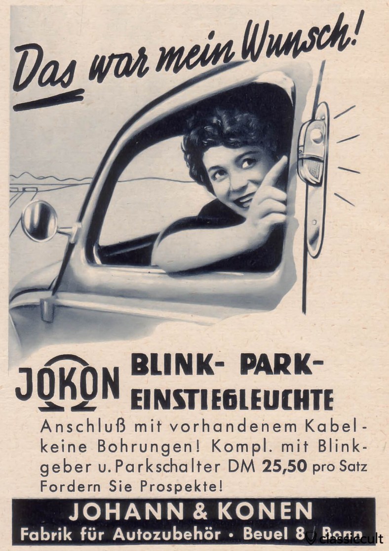 au lieu de sémaphores, vous pouvez mettre ces Jokon tourner stationnement de signal et d'embarquement des lumières sur votre VW Split et Oval, source: Gute Fahrt Magazine 09/1958