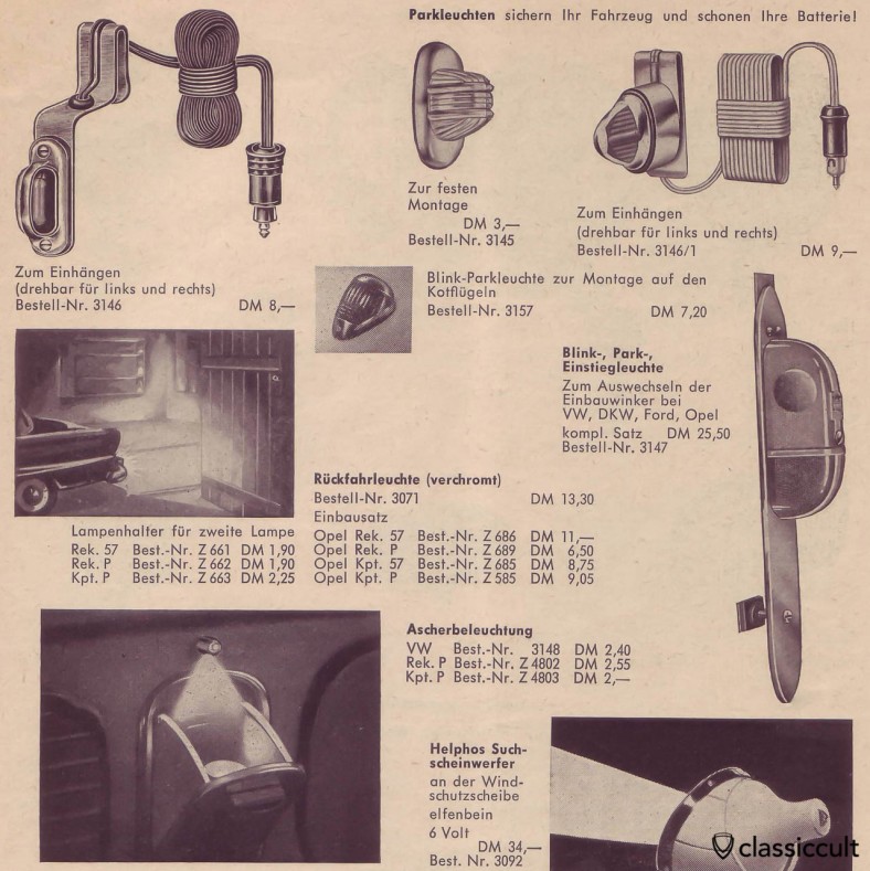 feux de stationnement pour VW Oval et Split, la source: accessoires automobiles allemands catalogue 1960