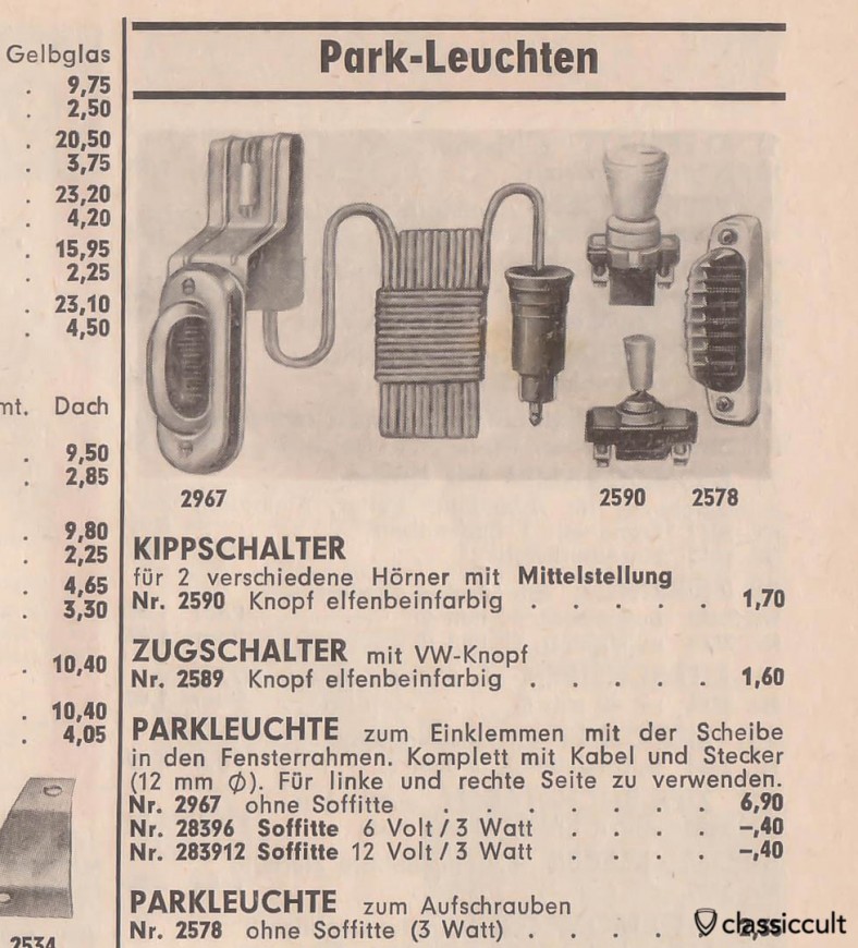 Vintage feux de stationnement allemand avec interrupteur, source: accessoires automobiles 1964-1965