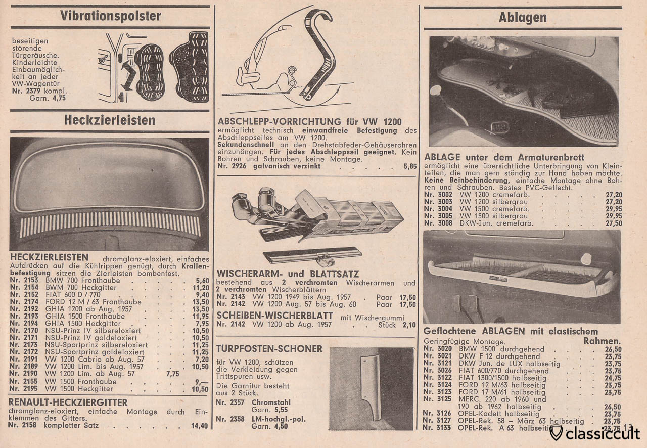 VW 1200 tow hook device, plastic underdash shelf, parcel tray, Page 13