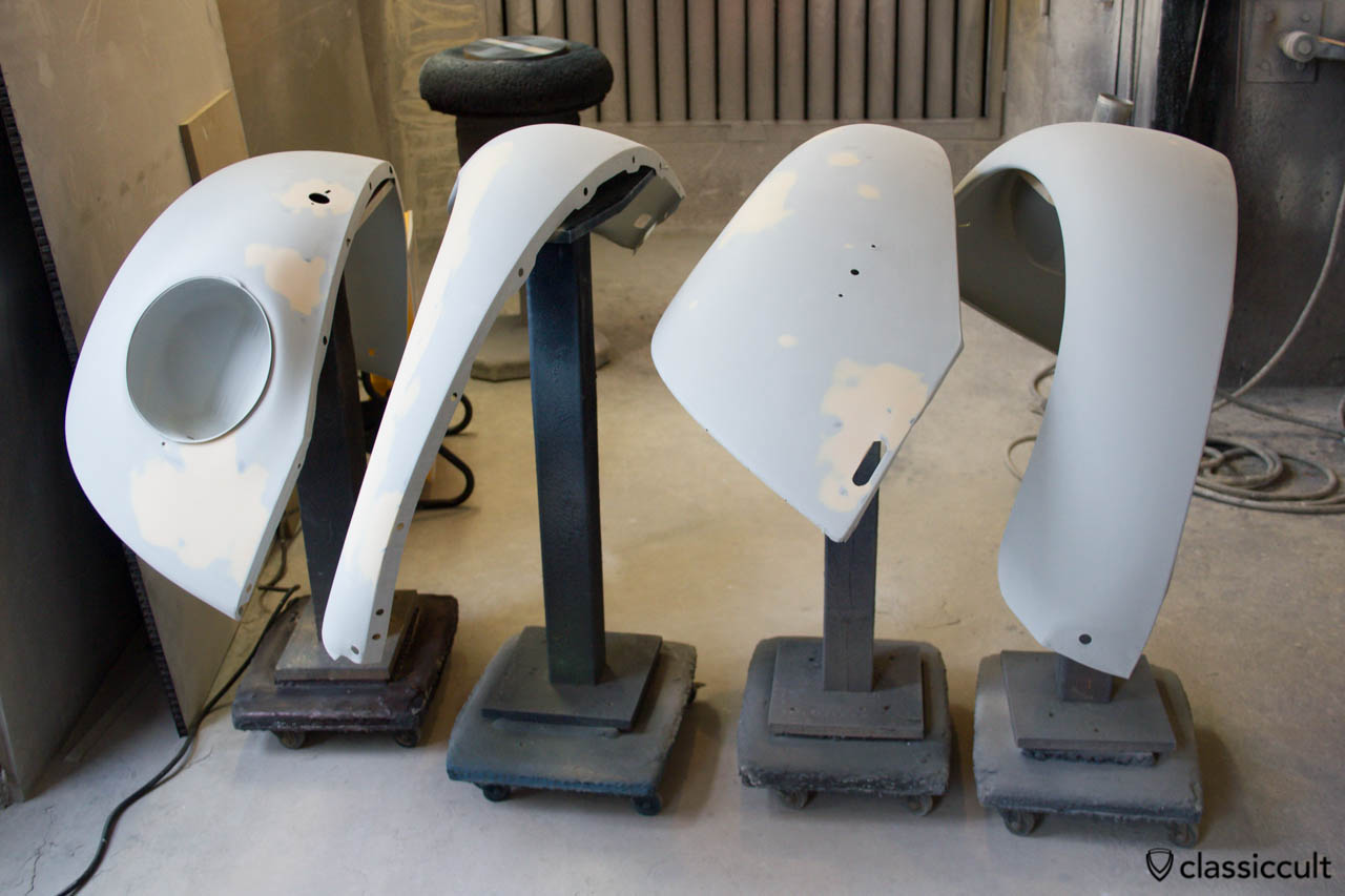 Bondo on original VW Beetle fender, ready for the last layer of filler.