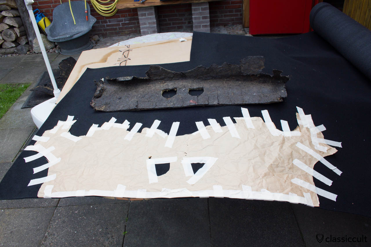 Car carpet for inside, e.g. behind the rear seat floor pan. The carpet is not visible and can be removed easy. It is the first layer on the metal to protect the color and to keep a bit the noise off. 