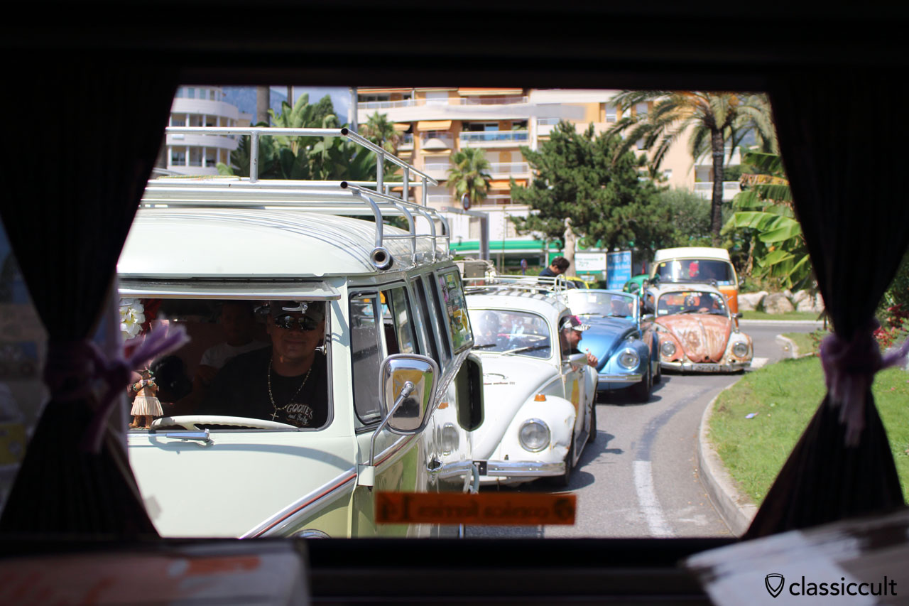 Cox d'Azur VW Meeting touristic rally from Gorbio back to Menton Beach 2014. The picture was taken out of a T2a Bus.