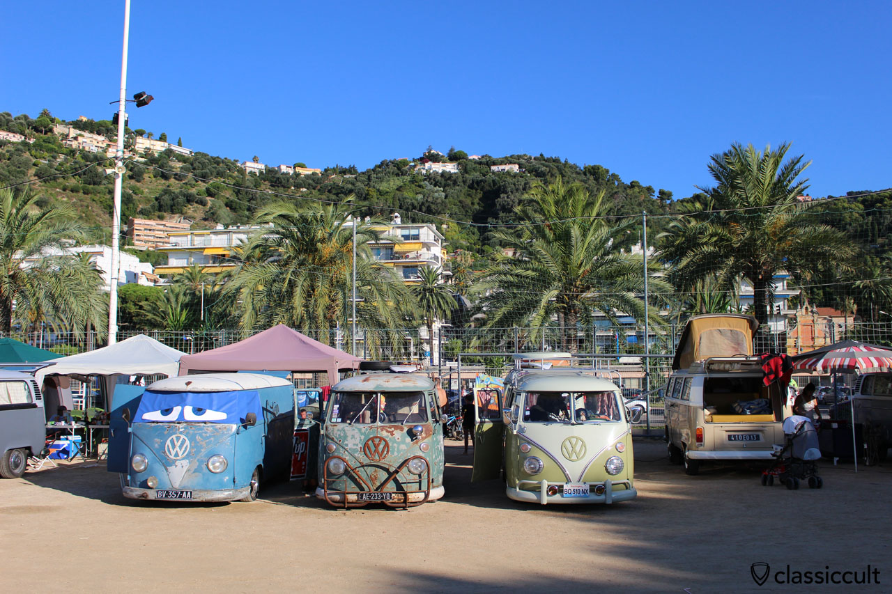 VW Combis camping at the Promenade du Soleil close to the Menton beach