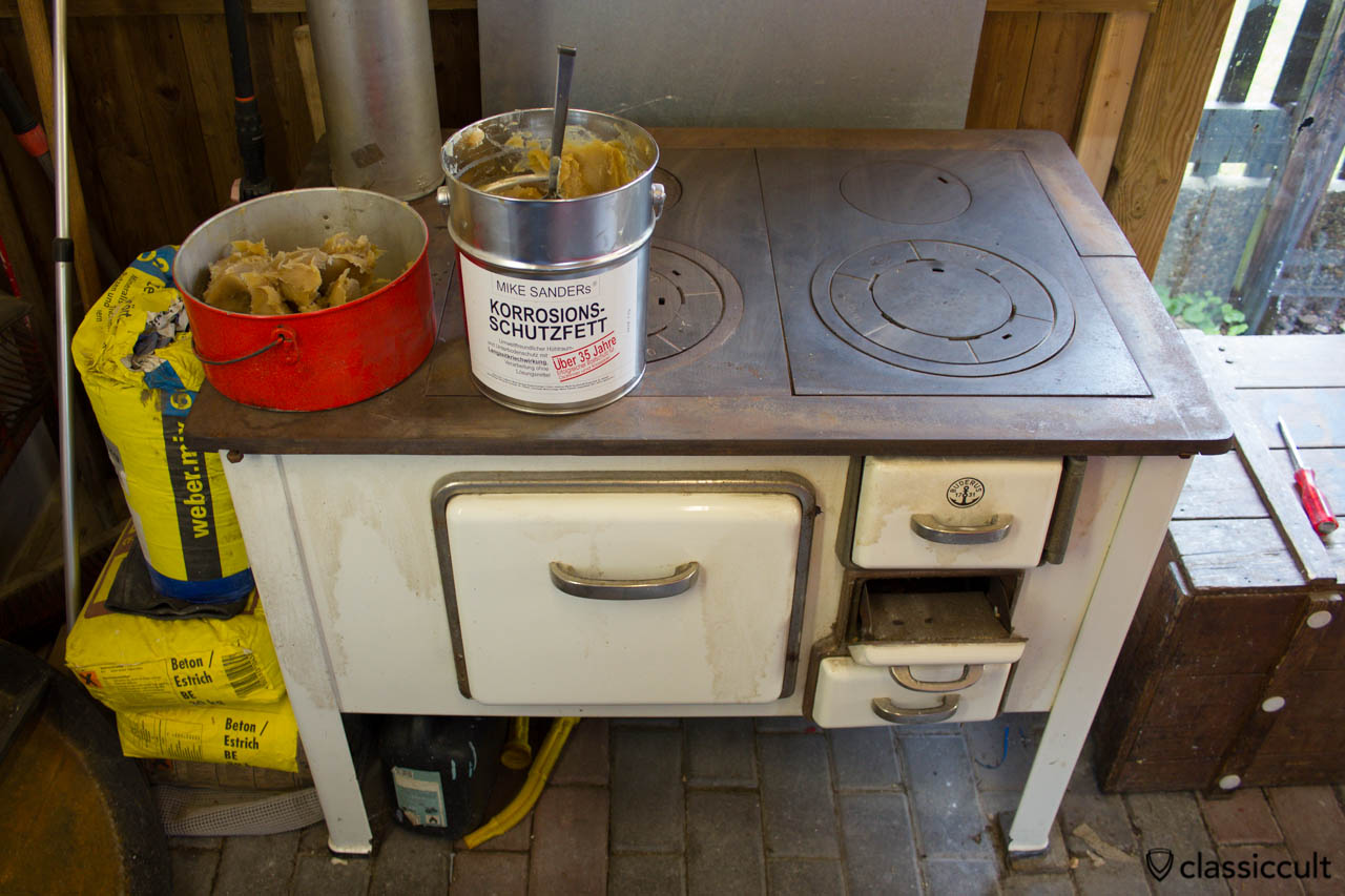 Mike Sanders grease needs to be heated and then it can be sprayed in the VW Bug frame tunnel and heater channel with a special special spraygun.