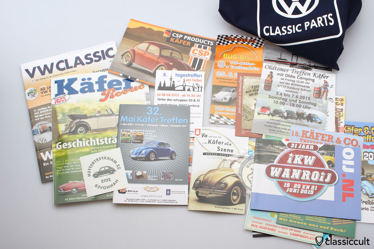 Maikäfertreffen 2015 WelcomeBag mit Käfer Revue, VW-Classic Zeitschrift, diverse Flyer aber kein Schokoladen-Käfer und auch kein „Kurzer“. 