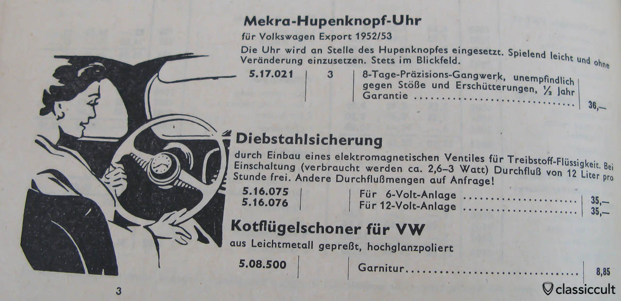 Mekra Hupenknopf Uhr for Volkswagen Export 1952/53 (Brezel Käfer) in german parts catalog