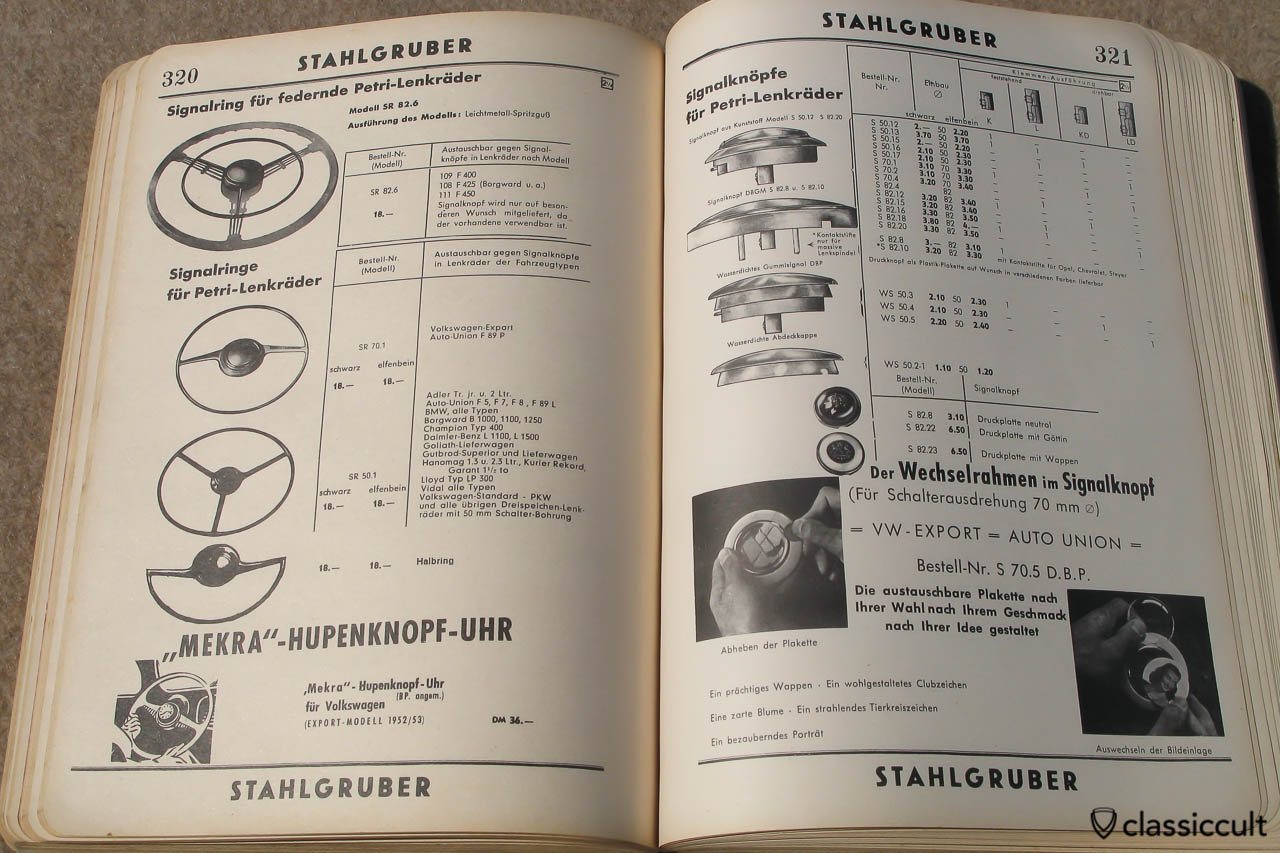VW Split Beetle Batwing Steering Wheel in Stahlgruber Parts Catalog 1955