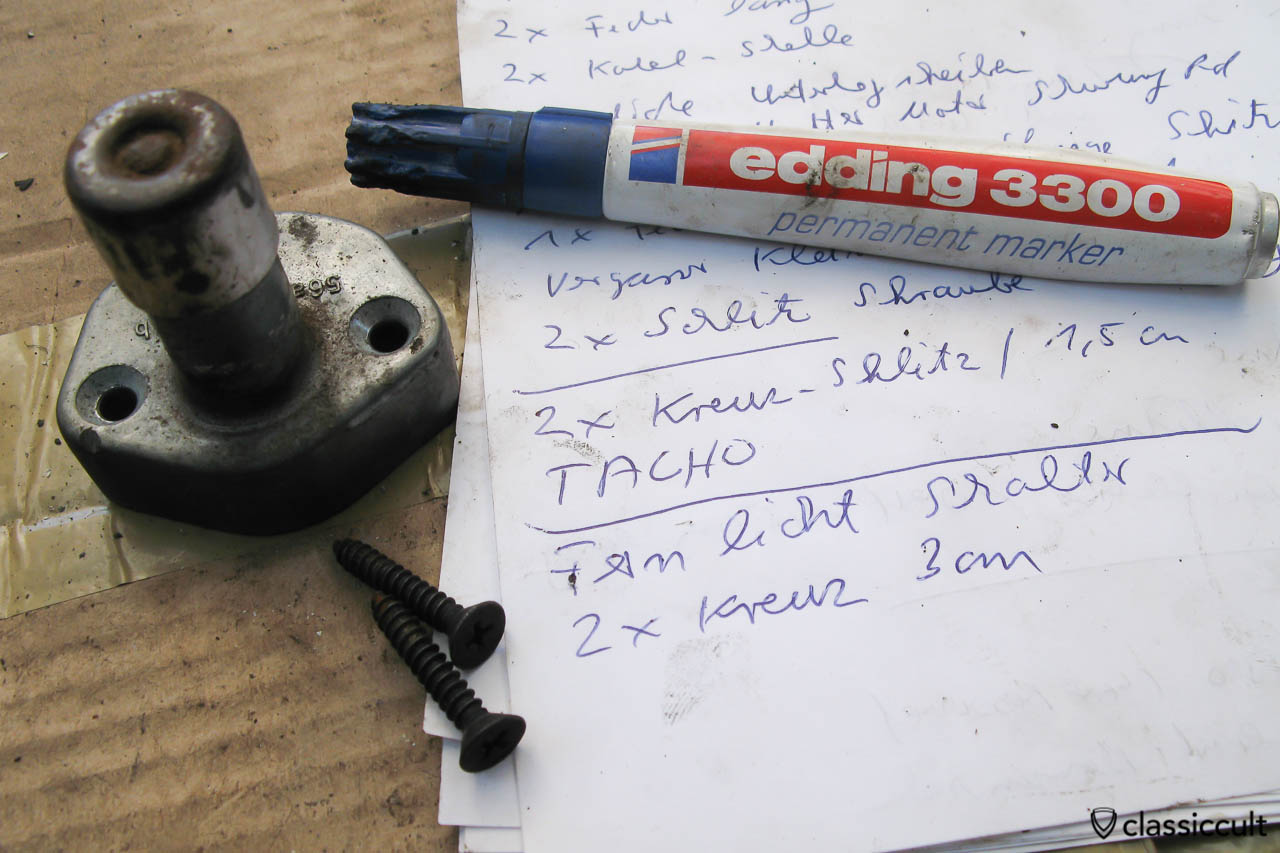 The VW Beetle screw list. I wrote a list of all original screws, so I know which screw is for which part. How long is the screw? What is stamped on the screw head (e.g. KAMAX 50)? I also took a picture of all screws and parts. After that I put all screws in a box to get the old rusty screws new zinc plated in black and silver.