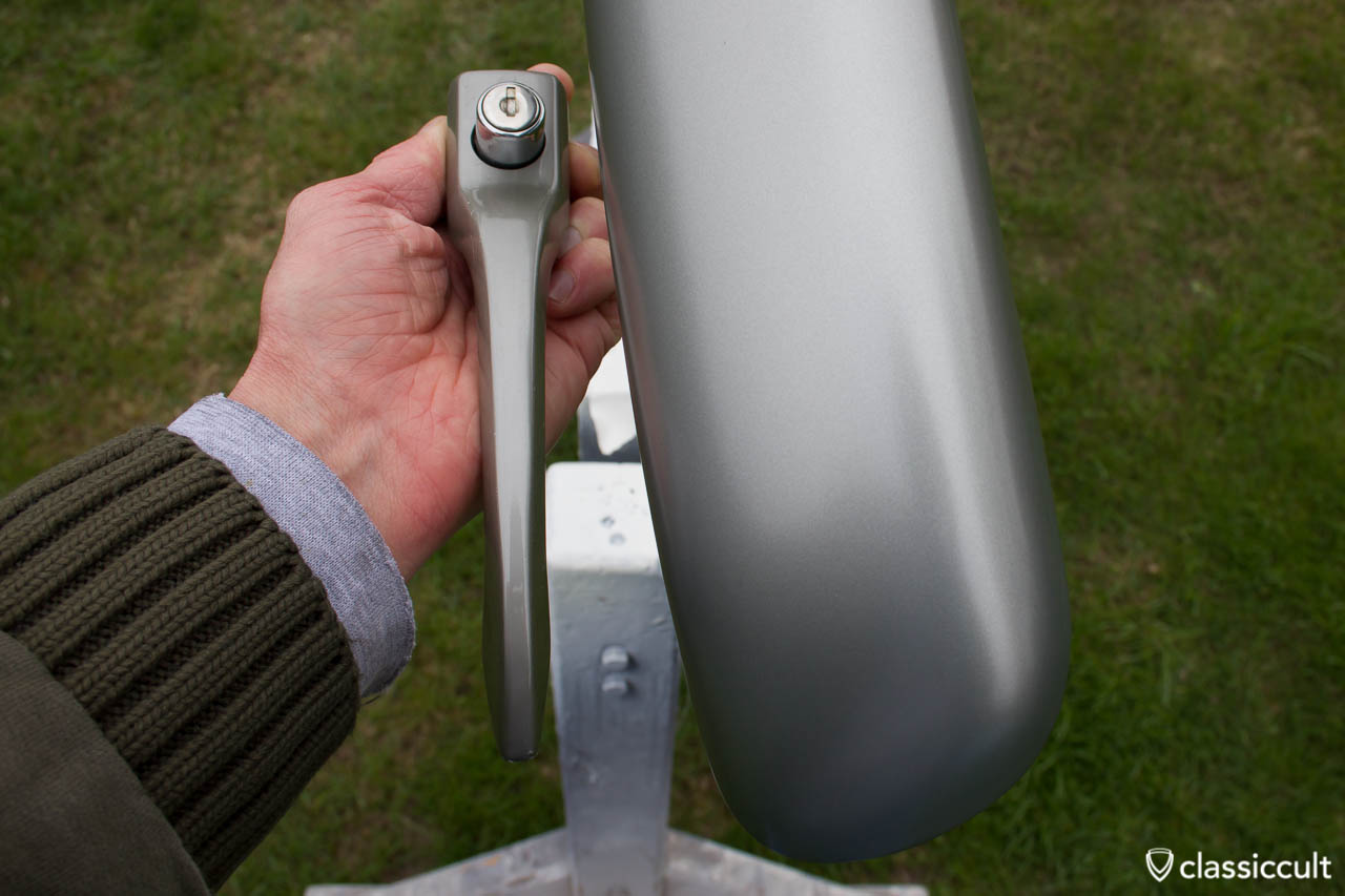 VW 1200A Bumper painted in Standox steel grey L328, compared to a new old stock door handle