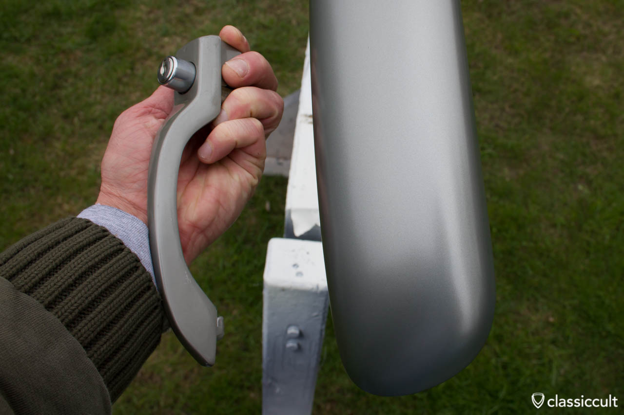 VW 1200A Bumper painted in Standox steel grey L328, compared to a new old stock door handle 