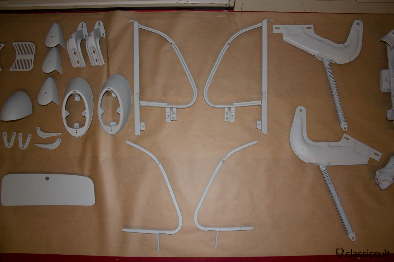 VW 1200A parts with epoxy primer and filler. These parts will be painted in ruby red.