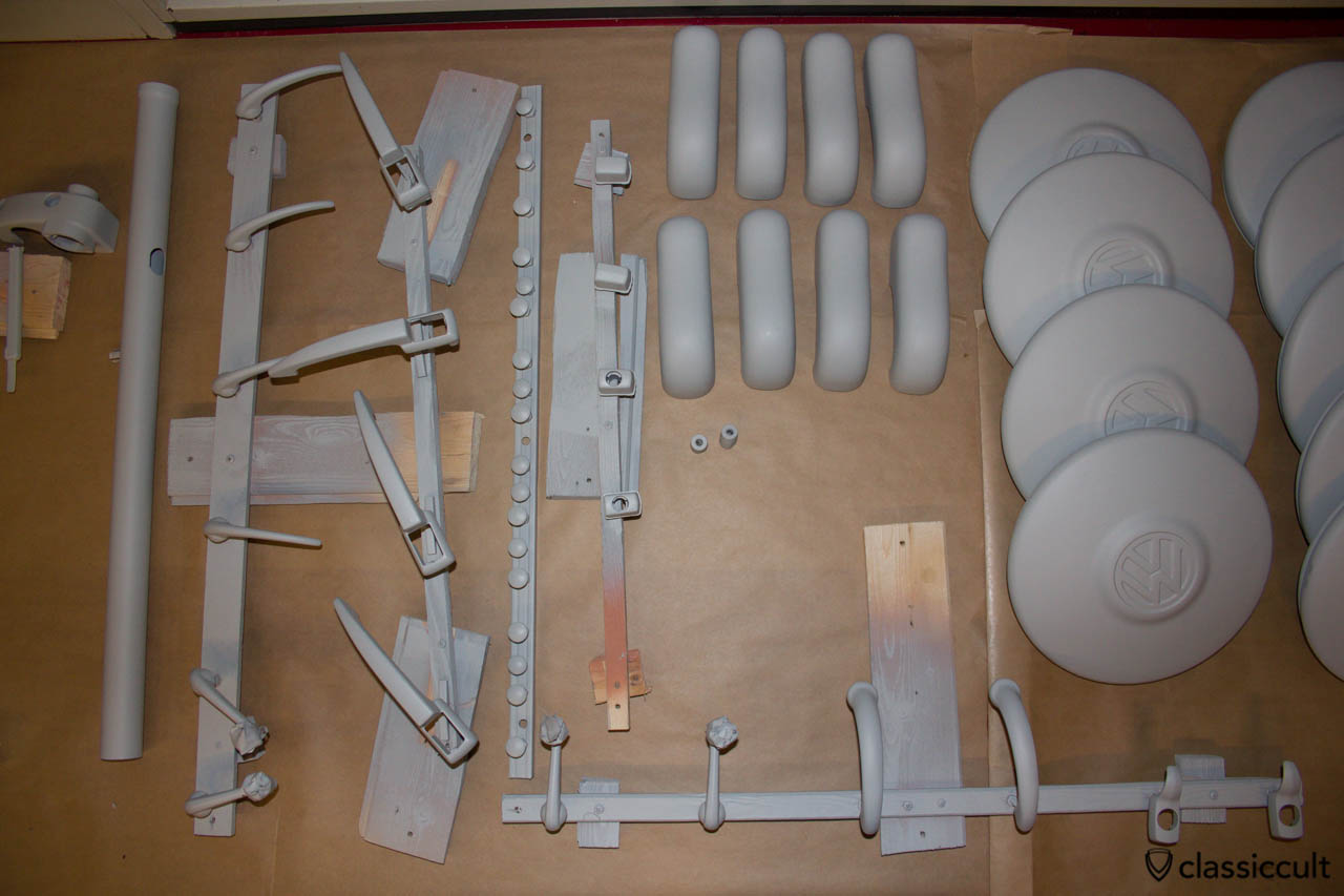 VW 1200A parts with epoxy primer and filler. These parts will be painted in steel grey.