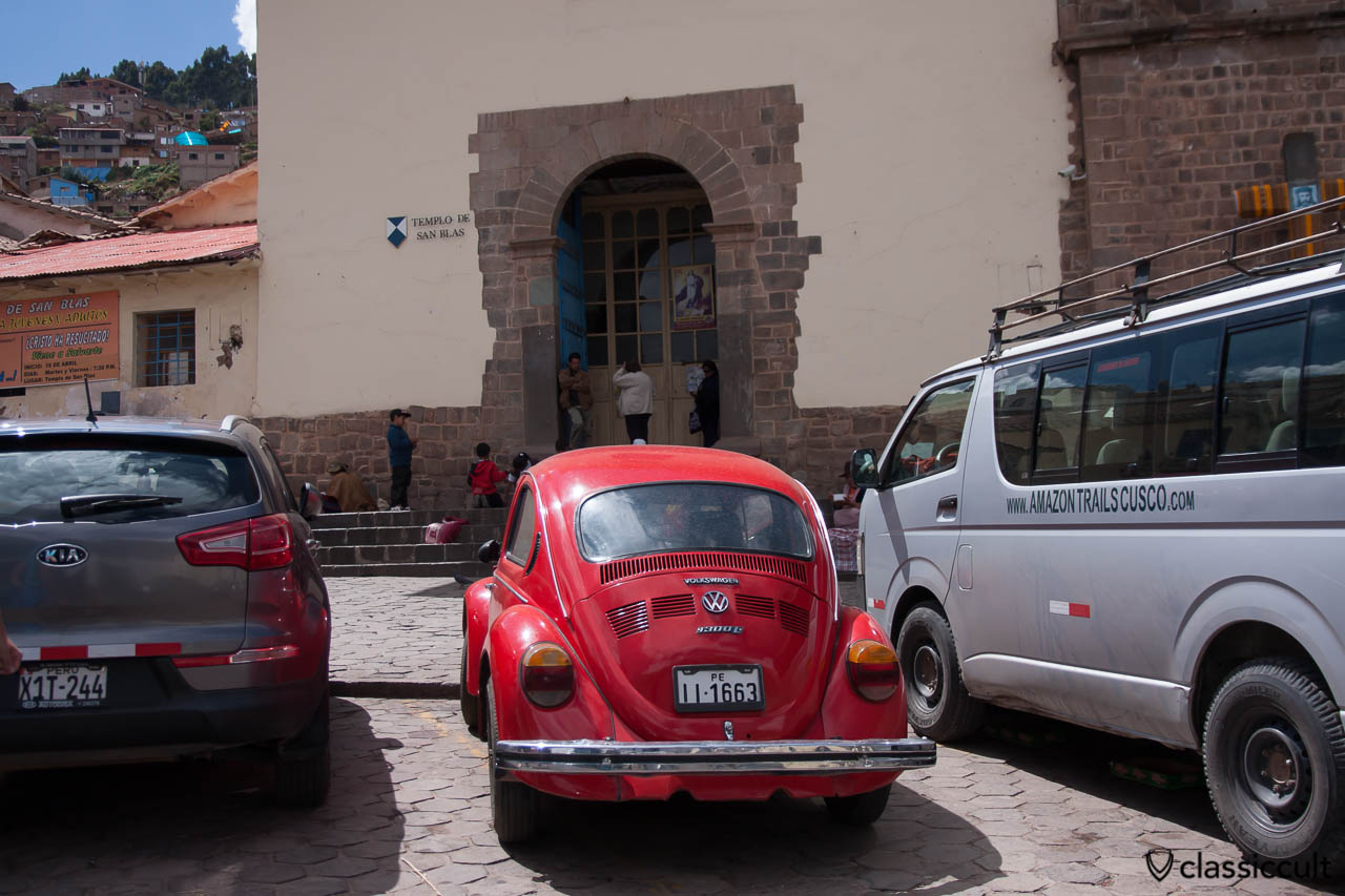 VW Beetle 1300 L before Iglesia de San Blas, Cusco, Peru, May 11, 2013