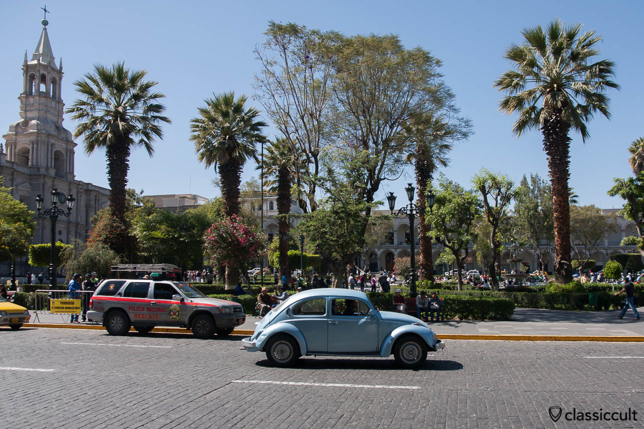 VW Beetle and the Basilica Cathedral of Arequipa, Peru, May 8, 2013
