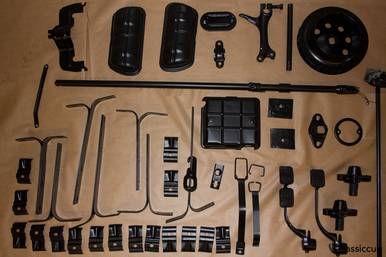 VW Beetle parts restored and black painted. Some parts are duplicated, because I disassembly two VW 1200A Beetles.