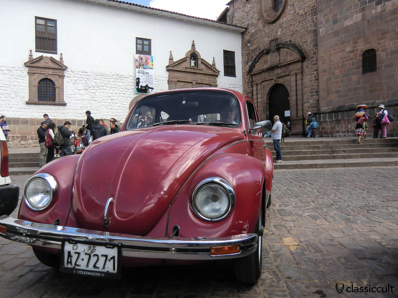 VW Beetle in front of Qorikancha Coricancha Inca temple, Cusco, Peru, May 11, 2013