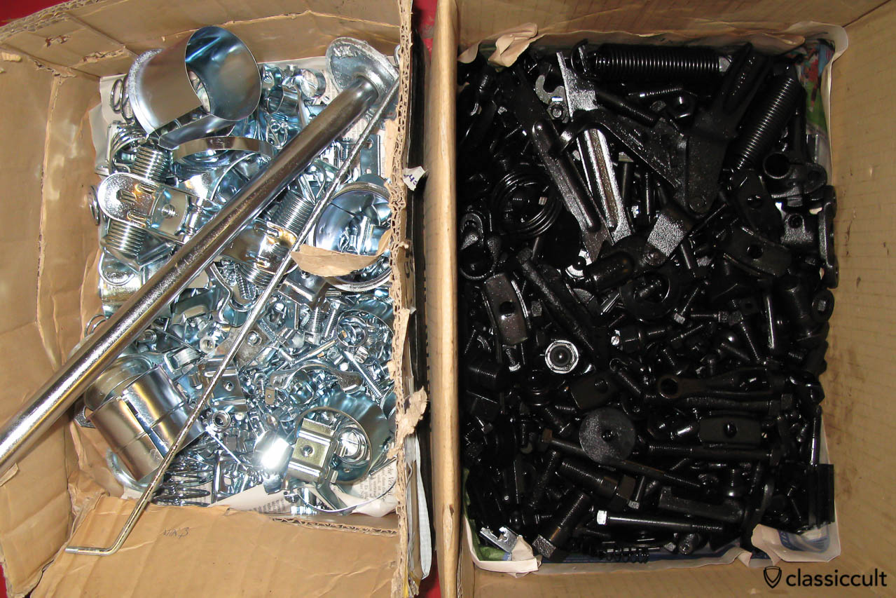 VW Beetle restoration: screws restored and new galvanized. The screws are as original zinc plated in black and silver. 