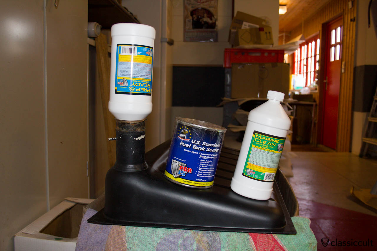 VW Beetle tank restoration with POR-15 Fuel Tank Repair Kit. From the outside the tank was Sandblasted and painted. For the inside, I bought a POR 15 tank restoration set (for 80-90 Liter tanks) and in a second order more of the Metal Ready (3.7 Liter). The tank repair with POR 15 worked out very well. If the tank is very rusty, you need a lot of Metal Ready. As more as better. After the inside restoration, the tank was painted again from the outside.