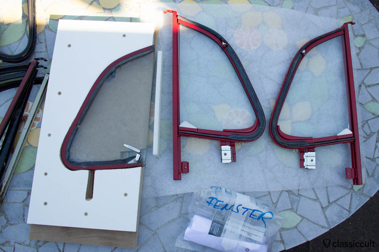 VW Beetle vent window restoration press device. I build a VW Beetle vent window press device to get the window with sealing back in the frame. Because the VW 1200A has the vent windows painted in body color you have to be very carefully. I tested the press function with used parts. After the window is back in the frame, the sealing needs to be cut off. BTW, the restoration of chrome vent windows is easier.