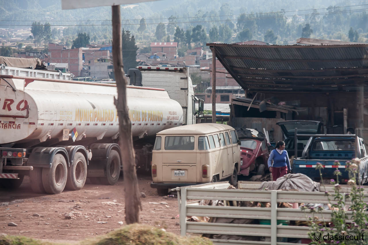 VW Brazilian Bay Split Bus Kombi and Beetle seen from Cuzco to Puno train, Peru, May 15, 2013