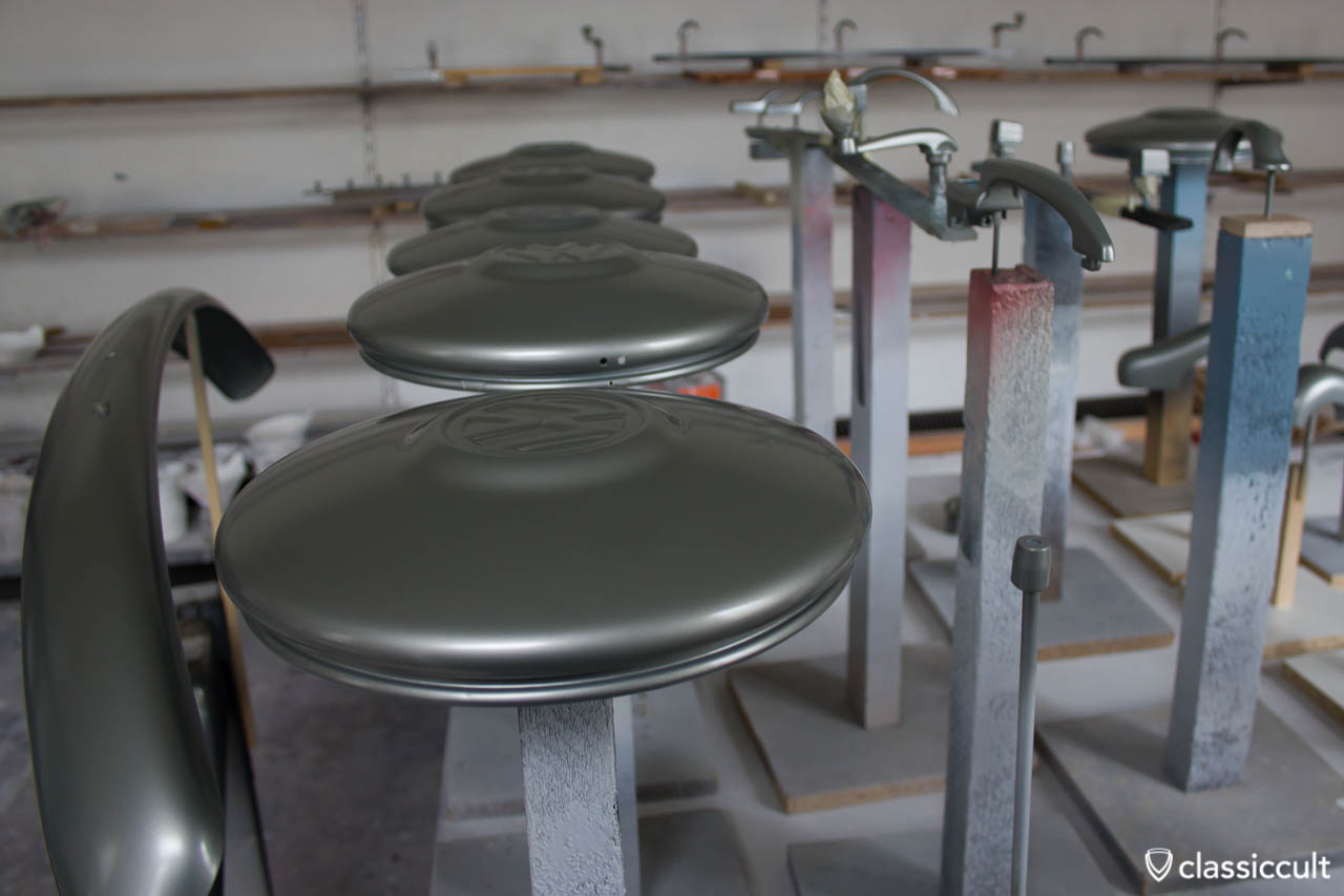 VW 1200A Standard Beetle Hubcaps, Handles, Bumpers, Mirror, Hood Badge painted in Standox VW L328 Basislack and Clear Satin Gloss.