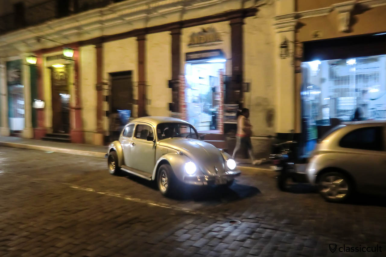 VW Bug at night in the historic center of Arequipa, Peru, May 10, 2013
