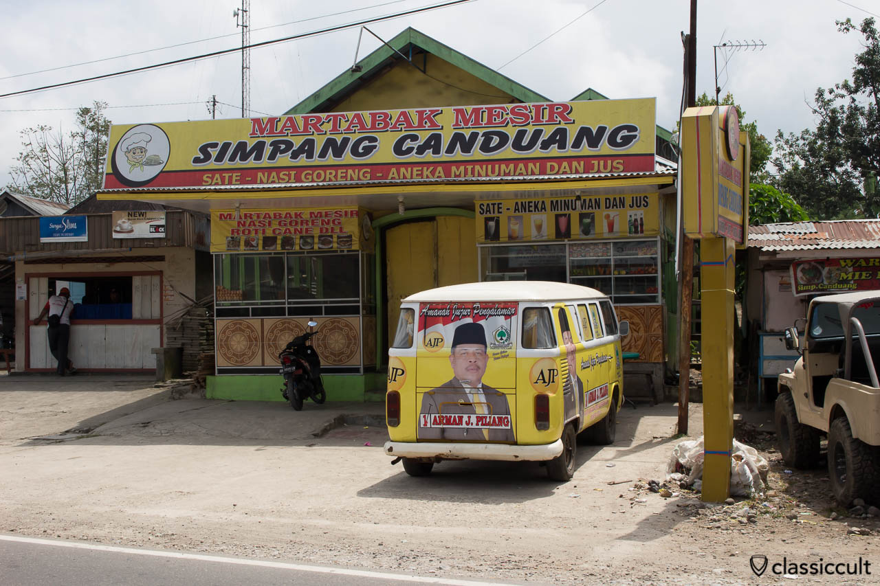 VW Bay Bus with advertisement of the Indonesian Party Golongan Karya in Payakumbuh Sumatra Indonesia.