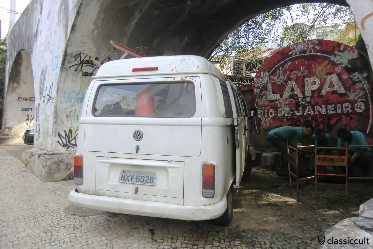 VW Kombi Bay Bus parking at Carioca Aqueduct, Rio, Brazil, May 23, 2013