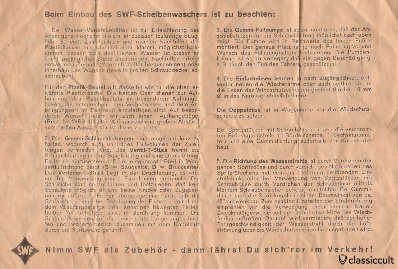 VW Oval Bug SWF windshield washer brochure