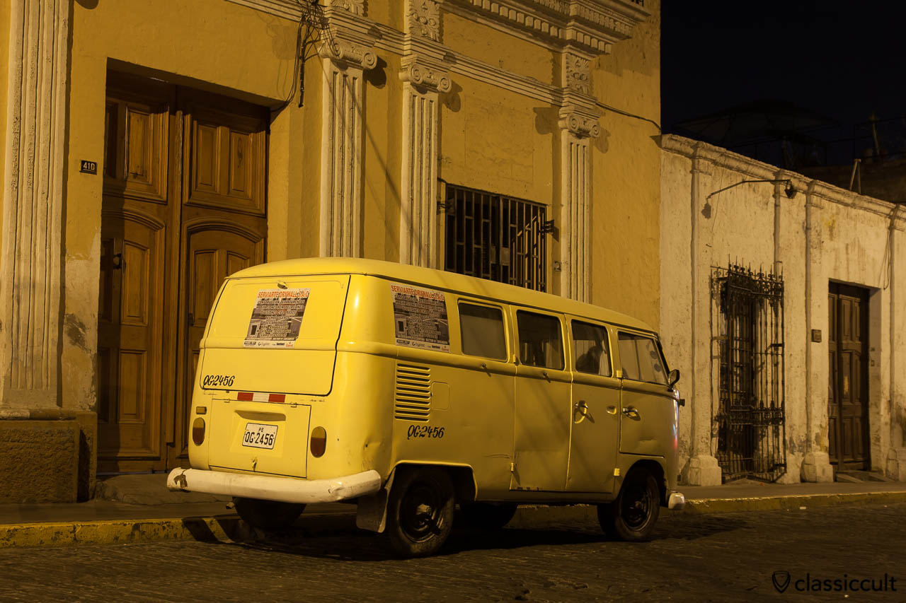 VW T1 Ambulance Split Bus backside Arequipa, Peru, May 10, 2013. This Ambulance VW Bus was made in Germany and it has the still the rear hatch without a window and frosted glass on the side windows. 